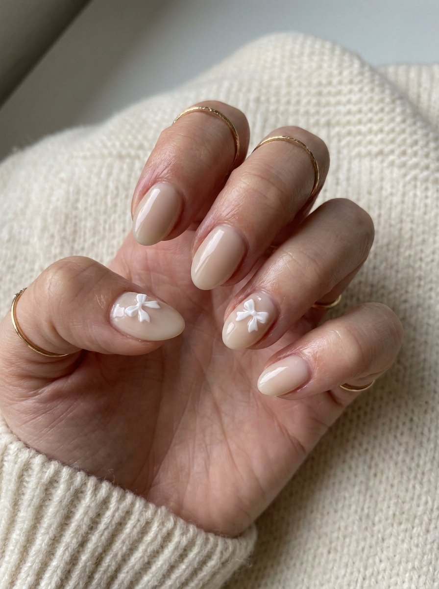 Beige Bow Fall Nails als Cute Fall Nails Inspiration 2026